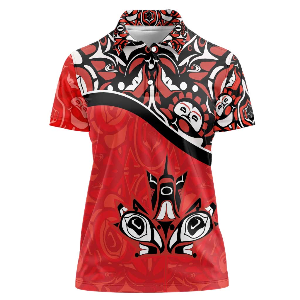 Canada Day Women Polo Shirt Haida Maple Leaf Style Tattoo Red - Wonder Print Shop