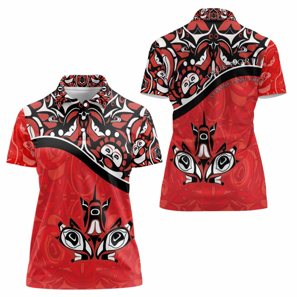 Canada Day Women Polo Shirt Haida Maple Leaf Style Tattoo Red - Wonder Print Shop