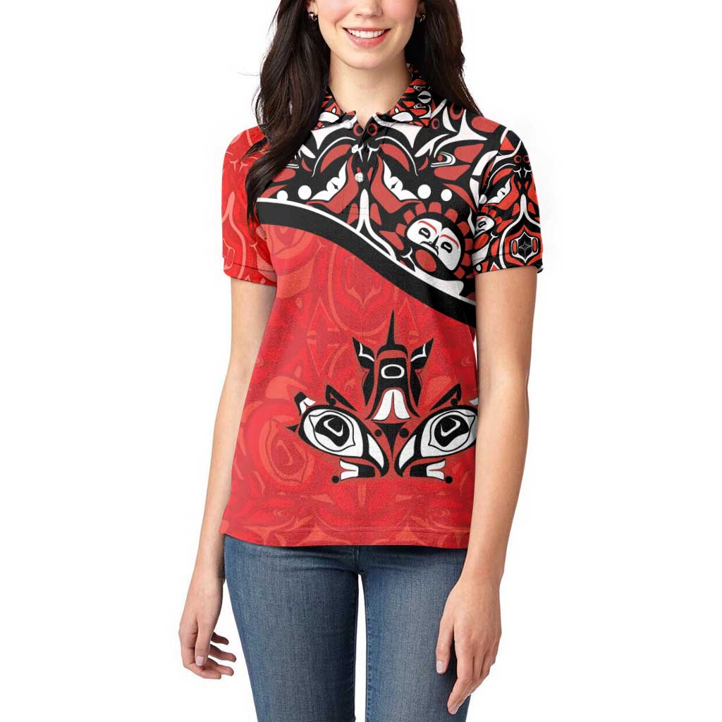 Canada Day Women Polo Shirt Haida Maple Leaf Style Tattoo Red - Wonder Print Shop