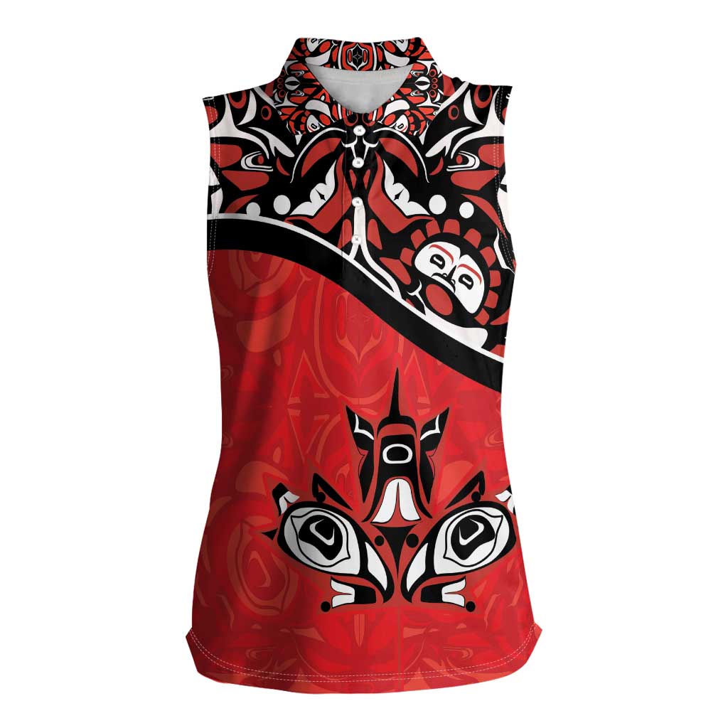Canada Day Women Sleeveless Polo Shirt Haida Maple Leaf Style Tattoo Red - Wonder Print Shop