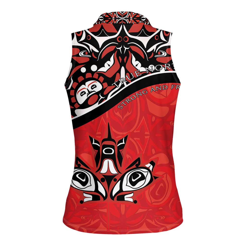 Canada Day Women Sleeveless Polo Shirt Haida Maple Leaf Style Tattoo Red - Wonder Print Shop