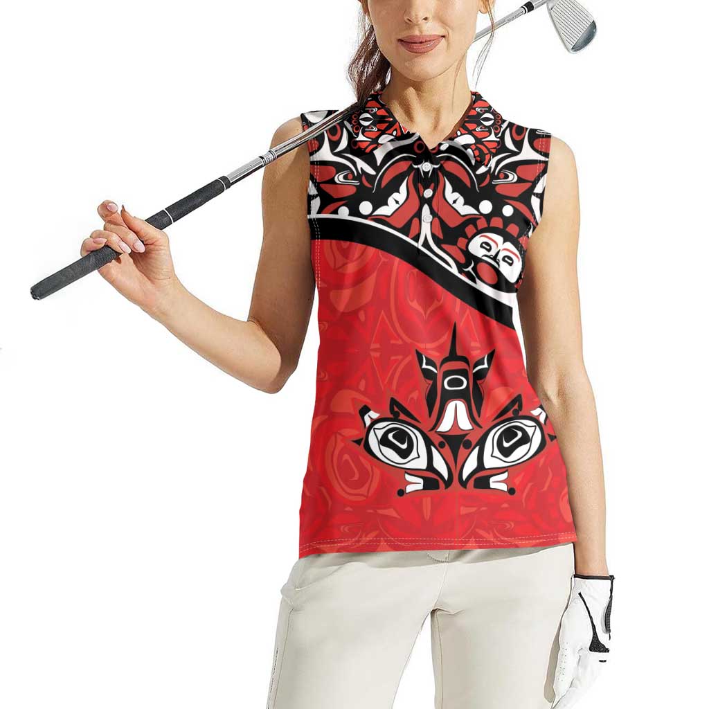 Canada Day Women Sleeveless Polo Shirt Haida Maple Leaf Style Tattoo Red - Wonder Print Shop