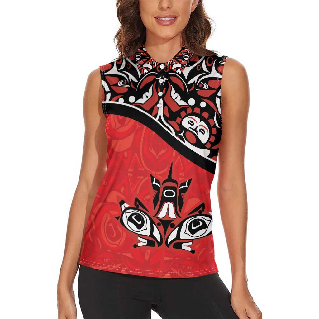 Canada Day Women Sleeveless Polo Shirt Haida Maple Leaf Style Tattoo Red - Wonder Print Shop