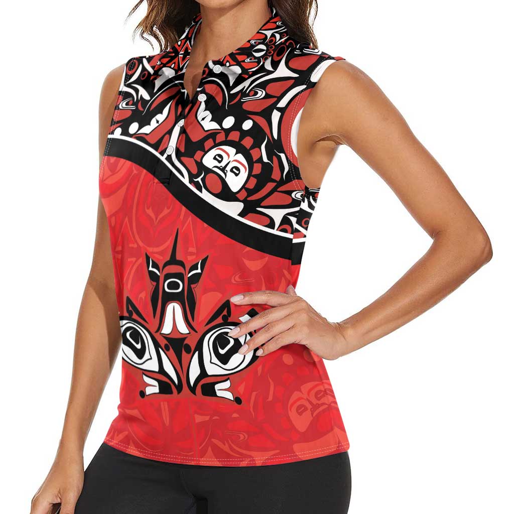 Canada Day Women Sleeveless Polo Shirt Haida Maple Leaf Style Tattoo Red - Wonder Print Shop
