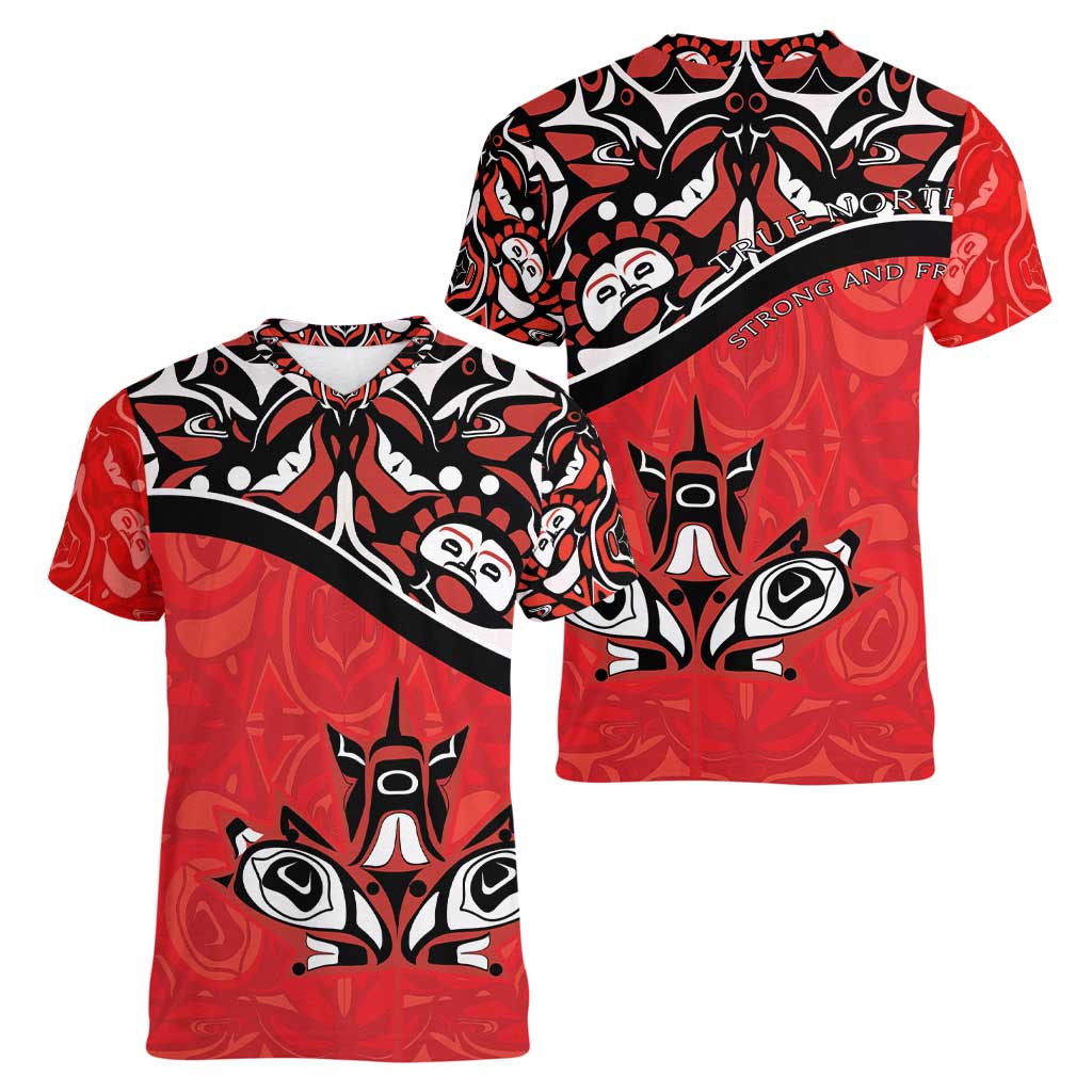 Canada Day Women V-Neck T-Shirt Haida Maple Leaf Style Tattoo Red - Wonder Print Shop