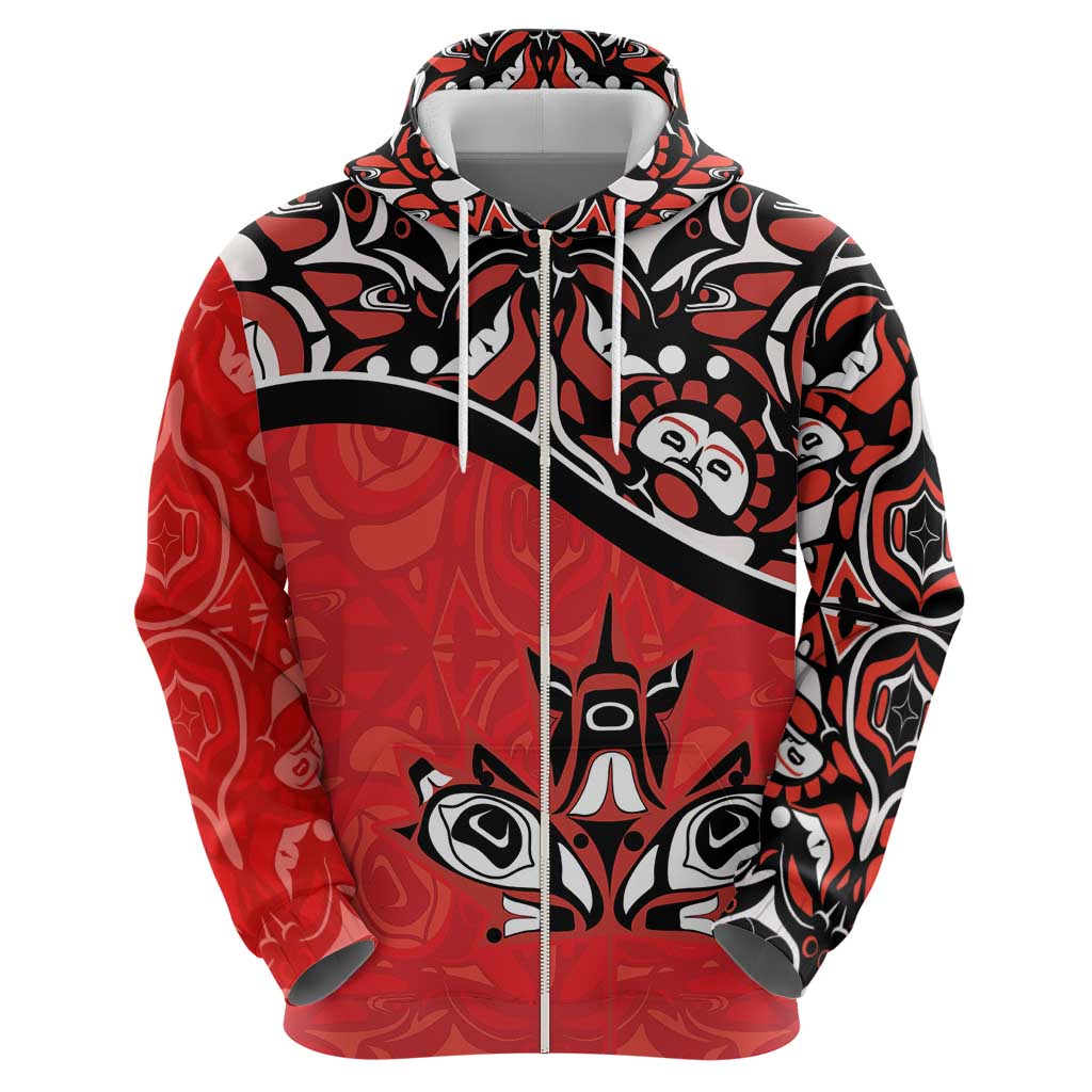 Canada Day Zip Hoodie Haida Maple Leaf Style Tattoo Red - Wonder Print Shop