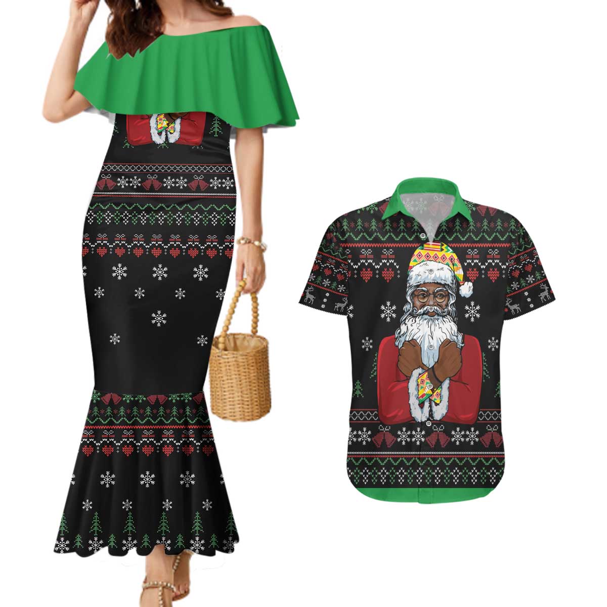 Santa Claus With African Traditional Costume Couples Matching Mermaid Dress and Hawaiian Shirt Christmas - Wonder Print Shop