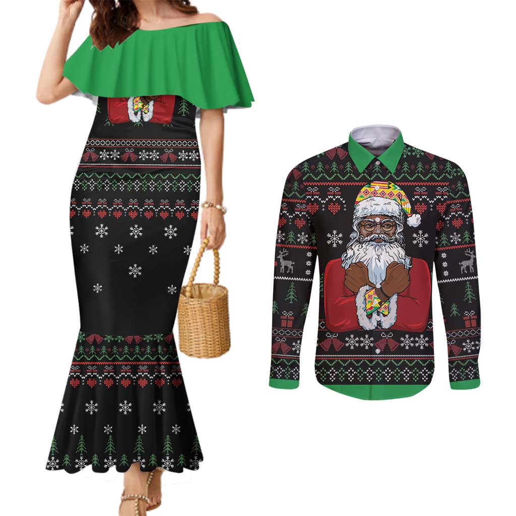 Santa Claus With African Traditional Costume Couples Matching Mermaid Dress and Long Sleeve Button Shirt Christmas