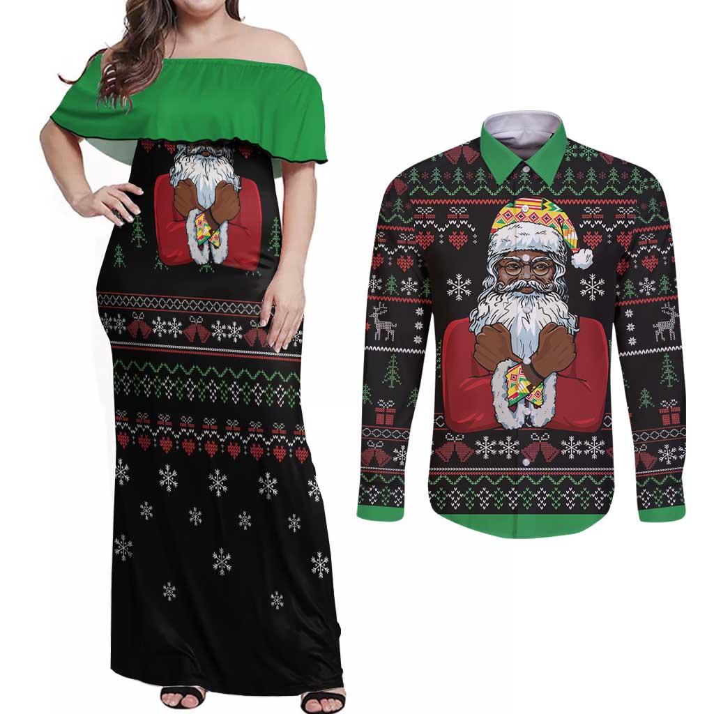 Santa Claus With African Traditional Costume Couples Matching Off Shoulder Maxi Dress and Long Sleeve Button Shirt Christmas - Wonder Print Shop