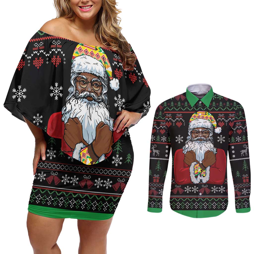 Santa Claus With African Traditional Costume Couples Matching Off Shoulder Short Dress and Long Sleeve Button Shirt Christmas - Wonder Print Shop