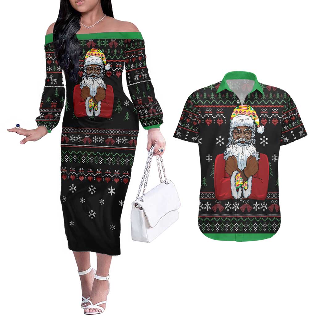 Santa Claus With African Traditional Costume Couples Matching Off The Shoulder Long Sleeve Dress and Hawaiian Shirt Christmas - Wonder Print Shop