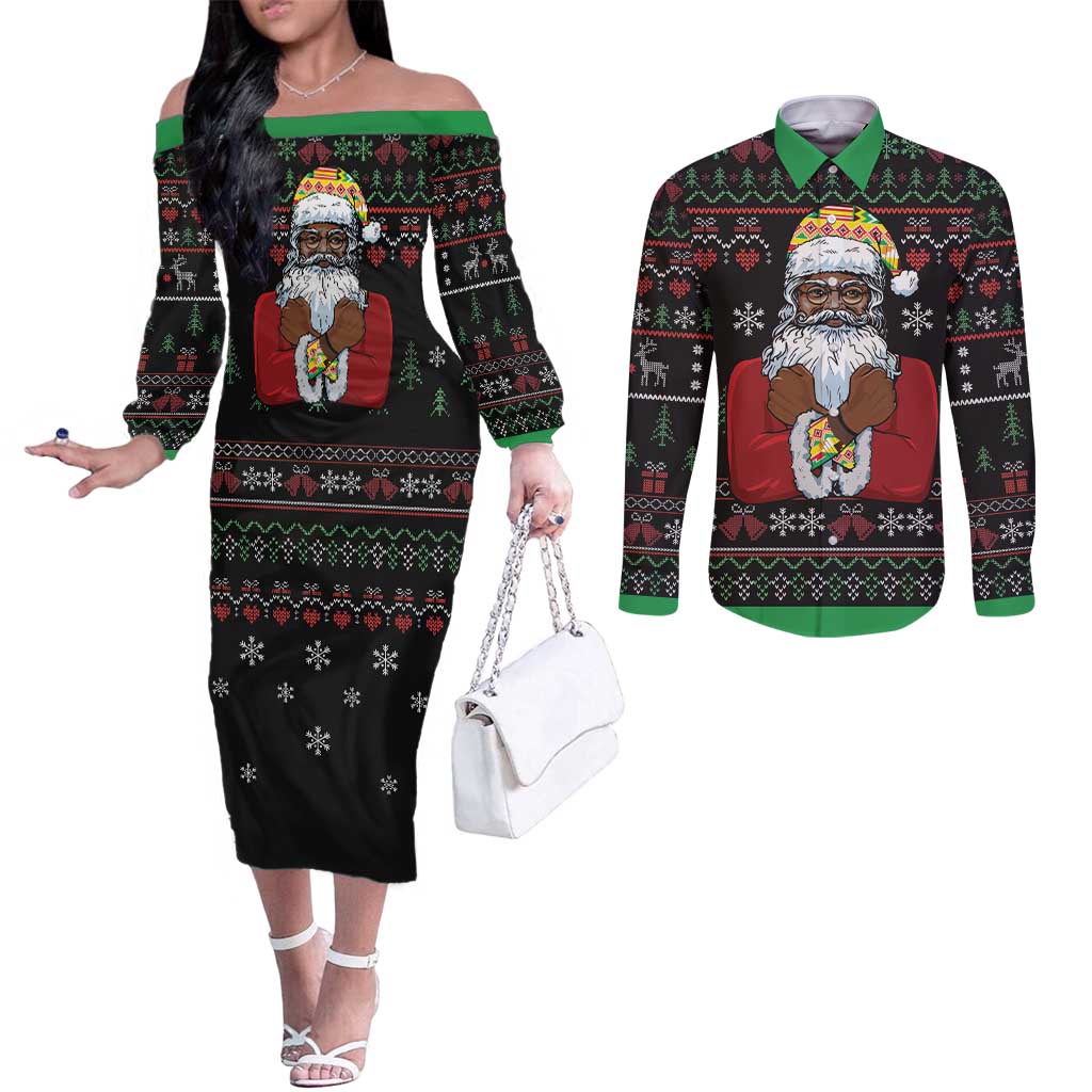 Santa Claus With African Traditional Costume Couples Matching Off The Shoulder Long Sleeve Dress and Long Sleeve Button Shirt Christmas
