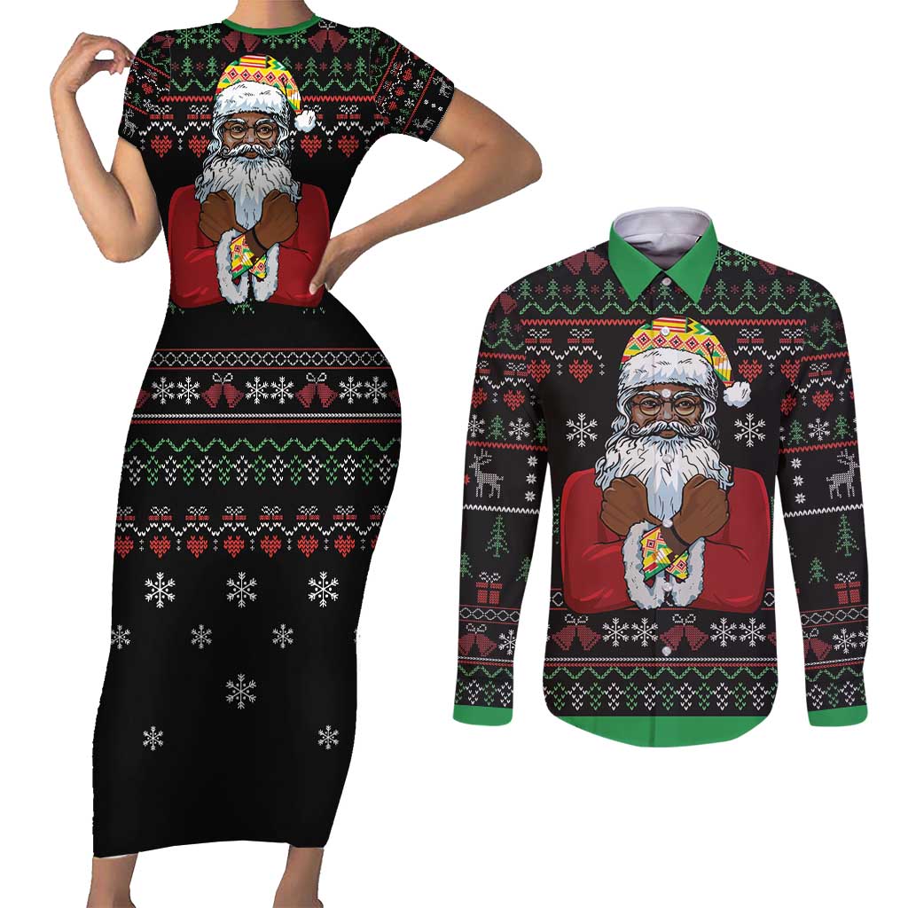 Santa Claus With African Traditional Costume Couples Matching Short Sleeve Bodycon Dress and Long Sleeve Button Shirt Christmas - Wonder Print Shop