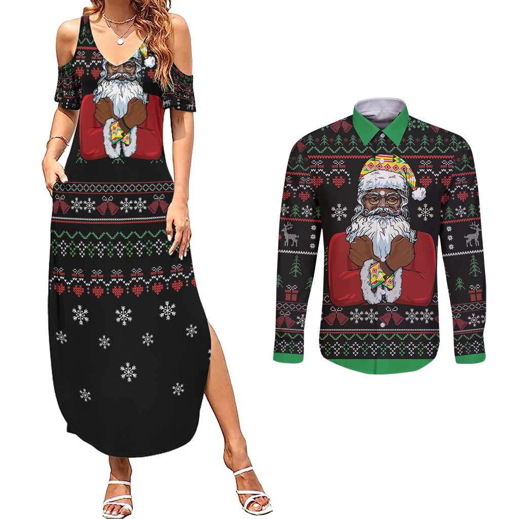 Santa Claus With African Traditional Costume Couples Matching Summer Maxi Dress and Long Sleeve Button Shirt Christmas - Wonder Print Shop