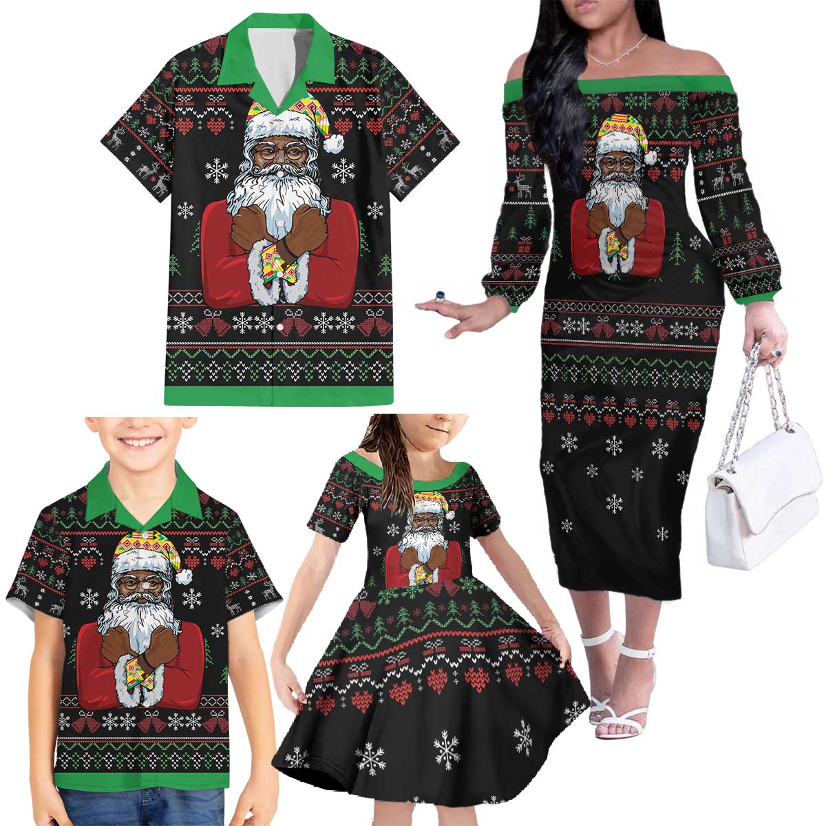 Santa Claus With African Traditional Costume Family Matching Off The Shoulder Long Sleeve Dress and Hawaiian Shirt Christmas - Wonder Print Shop