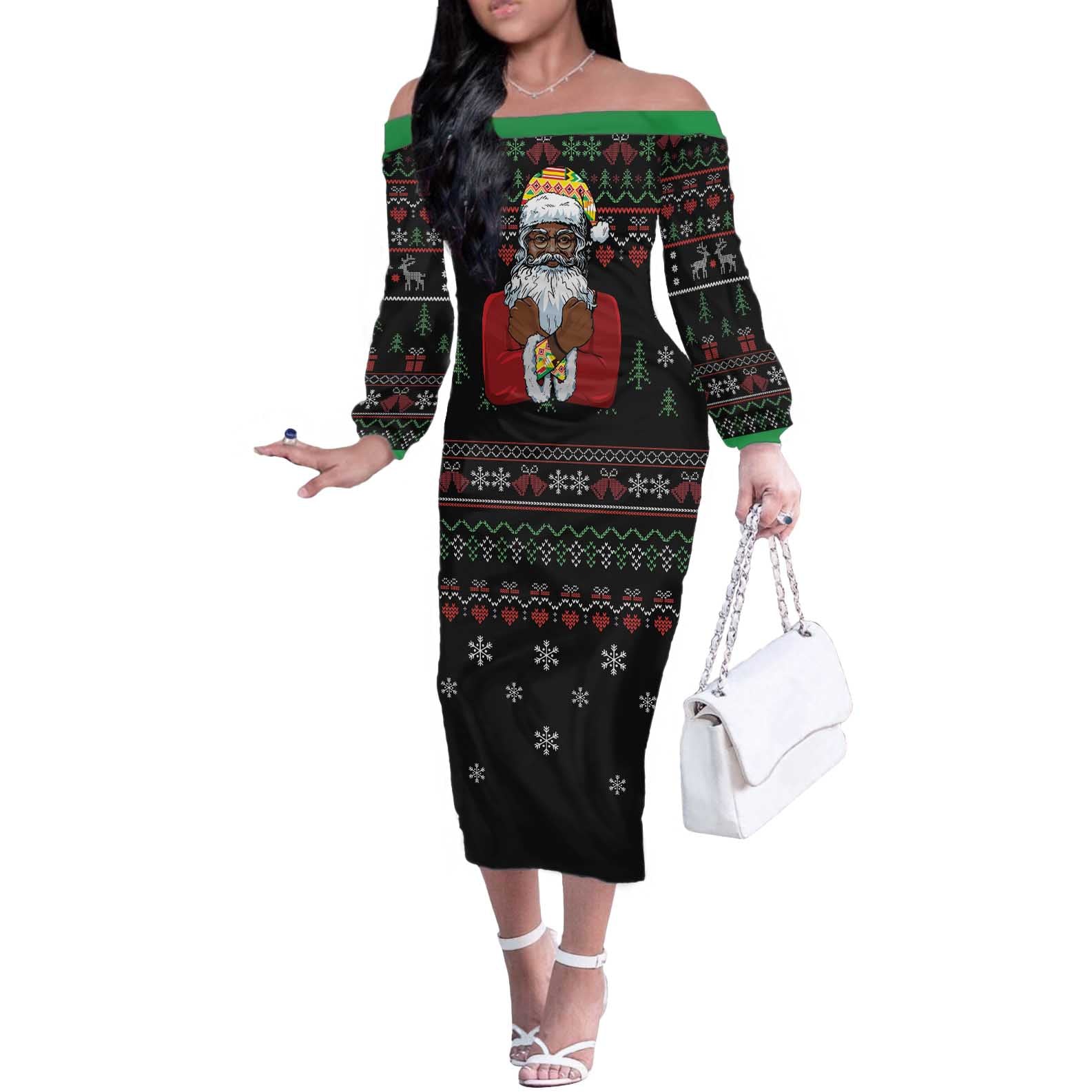 Santa Claus With African Traditional Costume Off The Shoulder Long Sleeve Dress Christmas - Wonder Print Shop