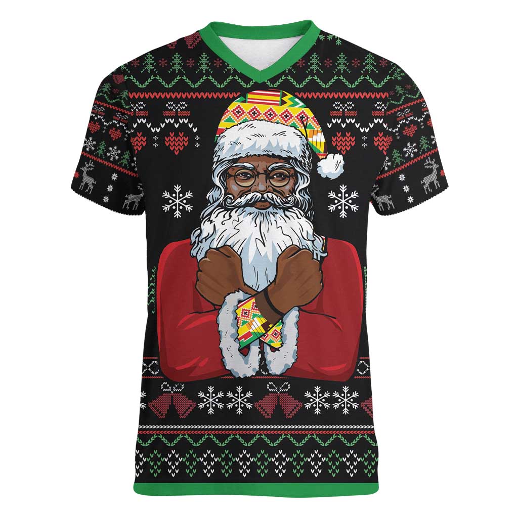 Santa Claus With African Traditional Costume Women V-Neck T-Shirt Christmas - Wonder Print Shop
