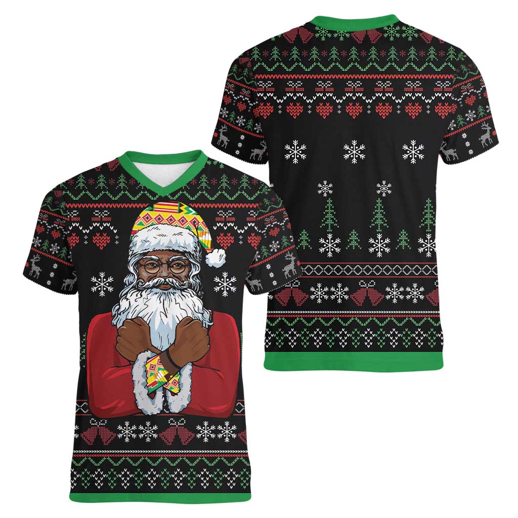 Santa Claus With African Traditional Costume Women V-Neck T-Shirt Christmas - Wonder Print Shop