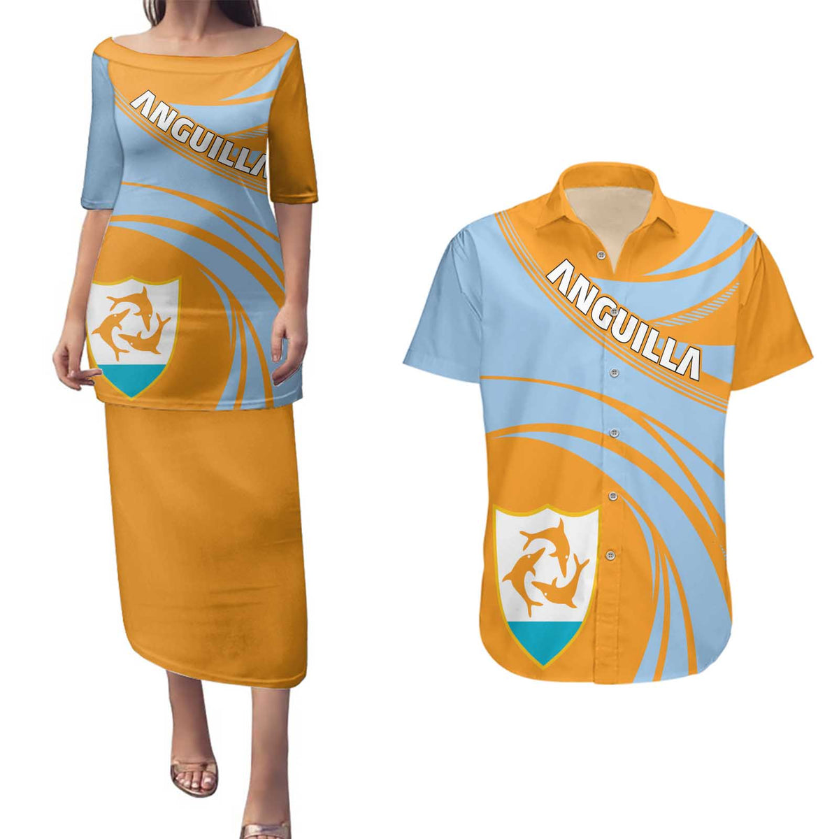 Anguilla Couples Matching Puletasi and Hawaiian Shirt Coat Of Arms Cricket Style - Wonder Print Shop