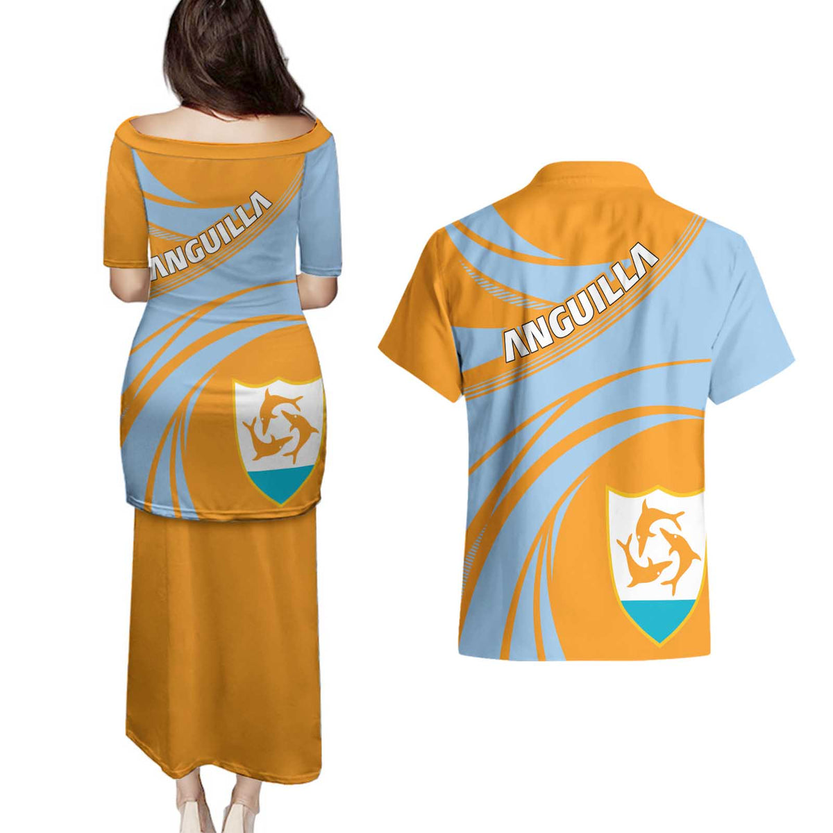 Anguilla Couples Matching Puletasi and Hawaiian Shirt Coat Of Arms Cricket Style - Wonder Print Shop