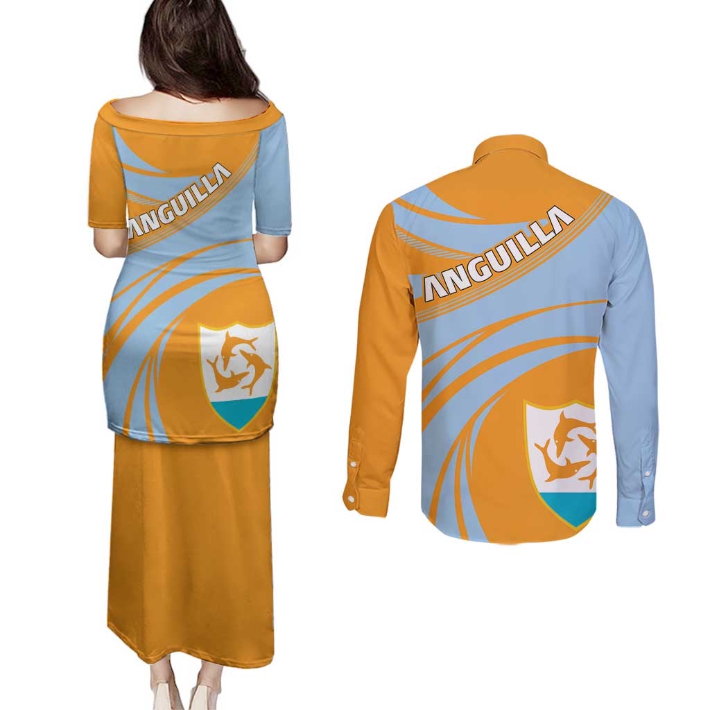 Anguilla Couples Matching Puletasi and Long Sleeve Button Shirt Coat Of Arms Cricket Style - Wonder Print Shop