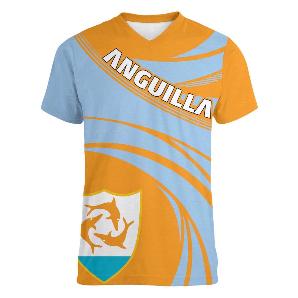Anguilla Women V-Neck T-Shirt Coat Of Arms Cricket Style - Wonder Print Shop