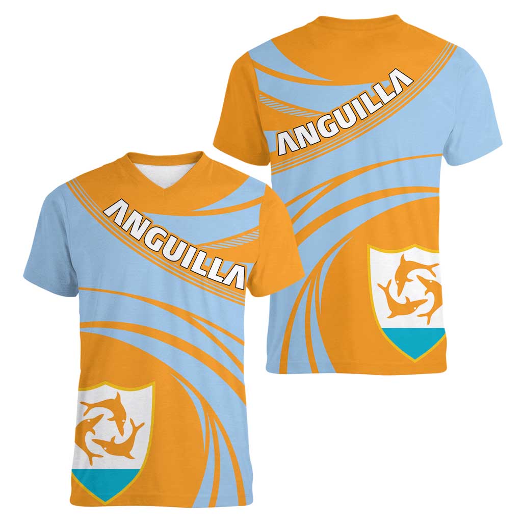 Anguilla Women V-Neck T-Shirt Coat Of Arms Cricket Style - Wonder Print Shop