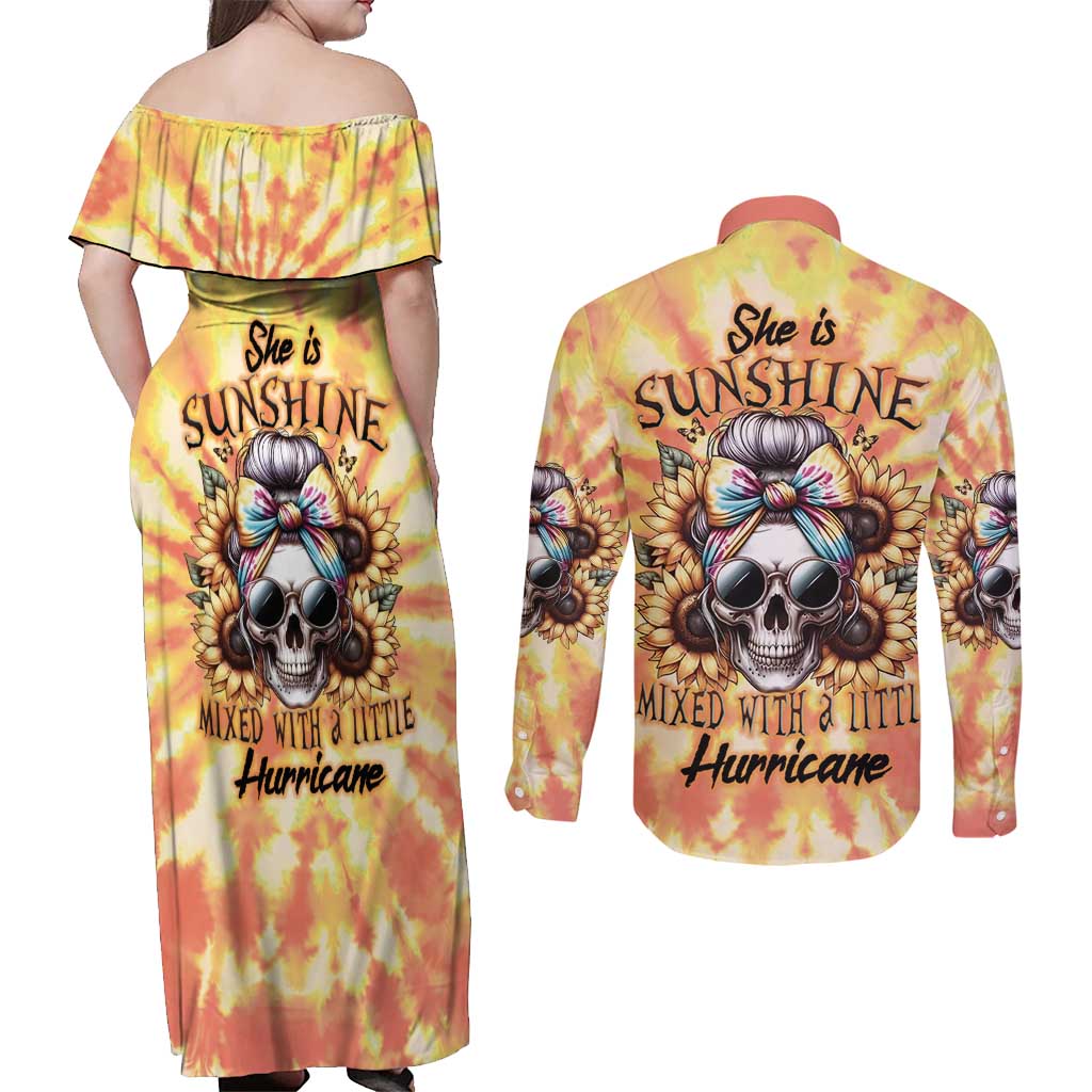 She Is Sunshine Skull Couples Matching Off Shoulder Maxi Dress and Long Sleeve Button Shirt Tie Dye Yellow - Wonder Print Shop