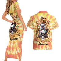 She Is Sunshine Skull Couples Matching Short Sleeve Bodycon Dress and Hawaiian Shirt Tie Dye Yellow - Wonder Print Shop