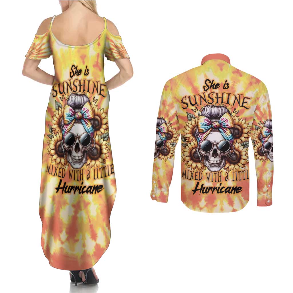 She Is Sunshine Skull Couples Matching Summer Maxi Dress and Long Sleeve Button Shirt Tie Dye Yellow - Wonder Print Shop