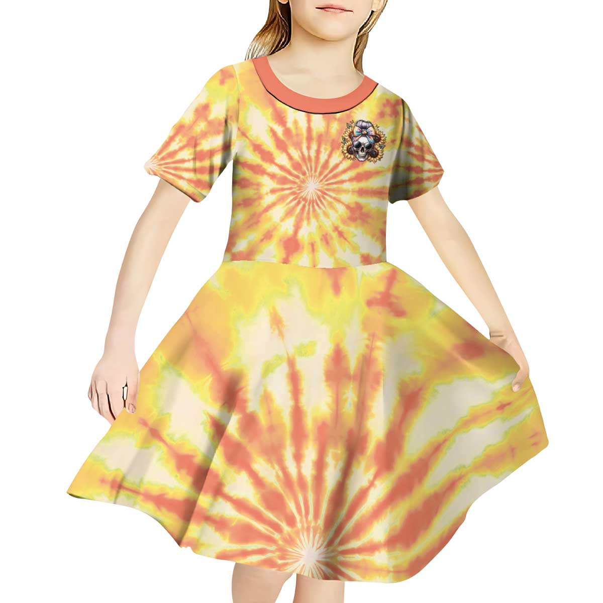 She Is Sunshine Skull Kid Short Sleeve Dress Tie Dye Yellow - Wonder Print Shop