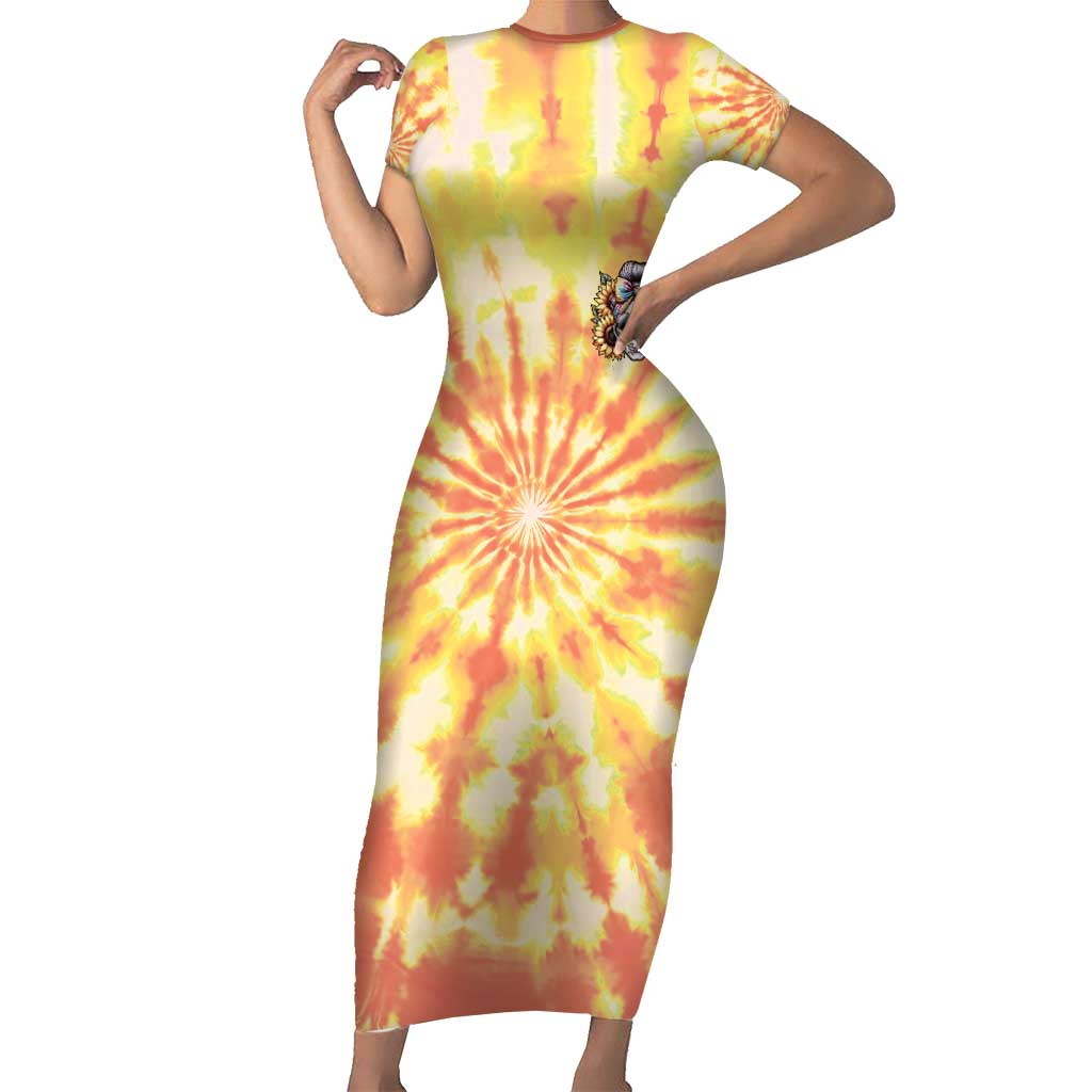 She Is Sunshine Skull Short Sleeve Bodycon Dress Tie Dye Yellow - Wonder Print Shop