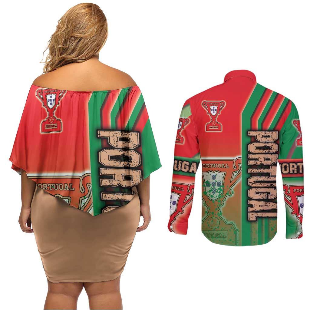 Portugal Football Couples Matching Off Shoulder Short Dress and Long Sleeve Button Shirt Selecao das Quinas Soccer - Road To Champion