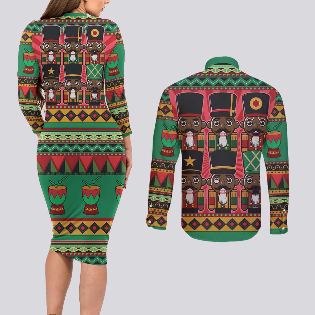 Black Nutcrackers Couples Matching Long Sleeve Bodycon Dress and Long Sleeve Button Shirt Afro Christmas - Wonder Print Shop