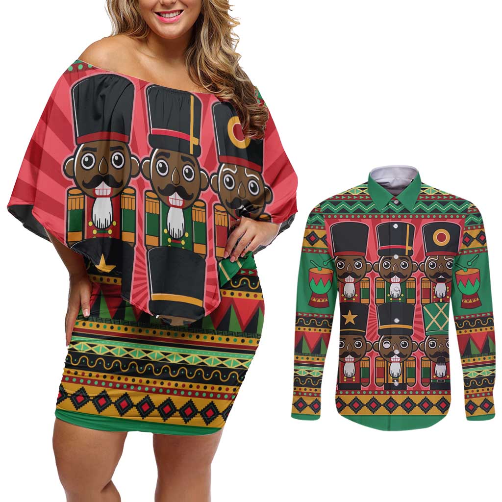 Black Nutcrackers Couples Matching Off Shoulder Short Dress and Long Sleeve Button Shirt Afro Christmas - Wonder Print Shop