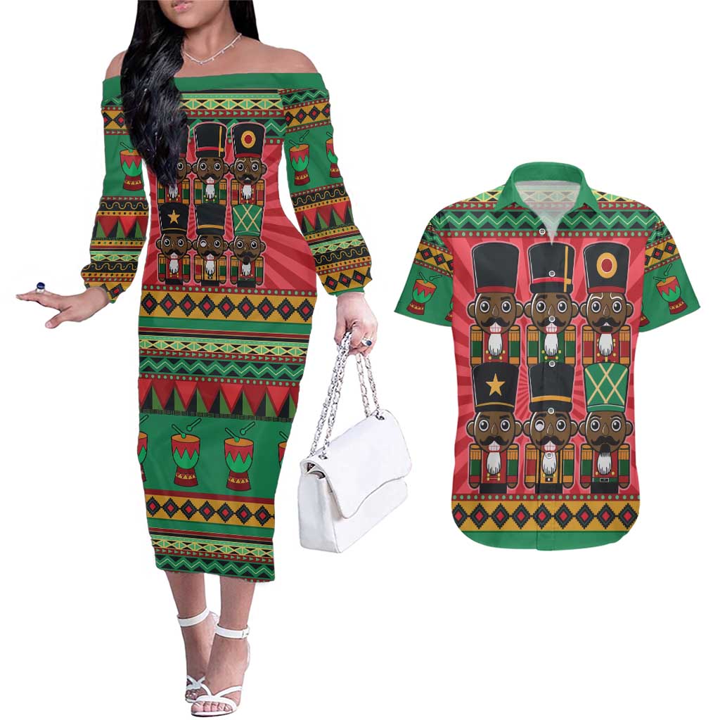 Black Nutcrackers Couples Matching Off The Shoulder Long Sleeve Dress and Hawaiian Shirt Afro Christmas - Wonder Print Shop