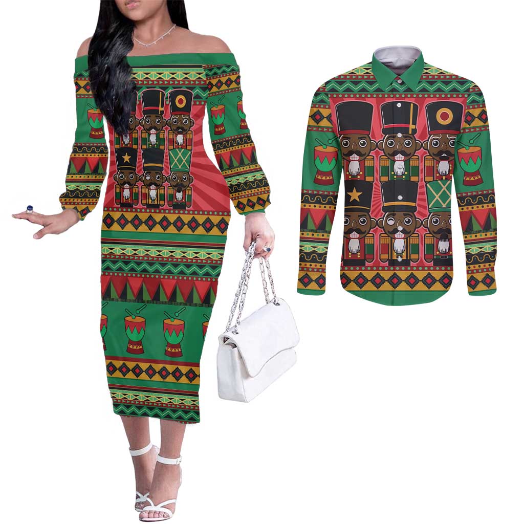 Black Nutcrackers Couples Matching Off The Shoulder Long Sleeve Dress and Long Sleeve Button Shirt Afro Christmas