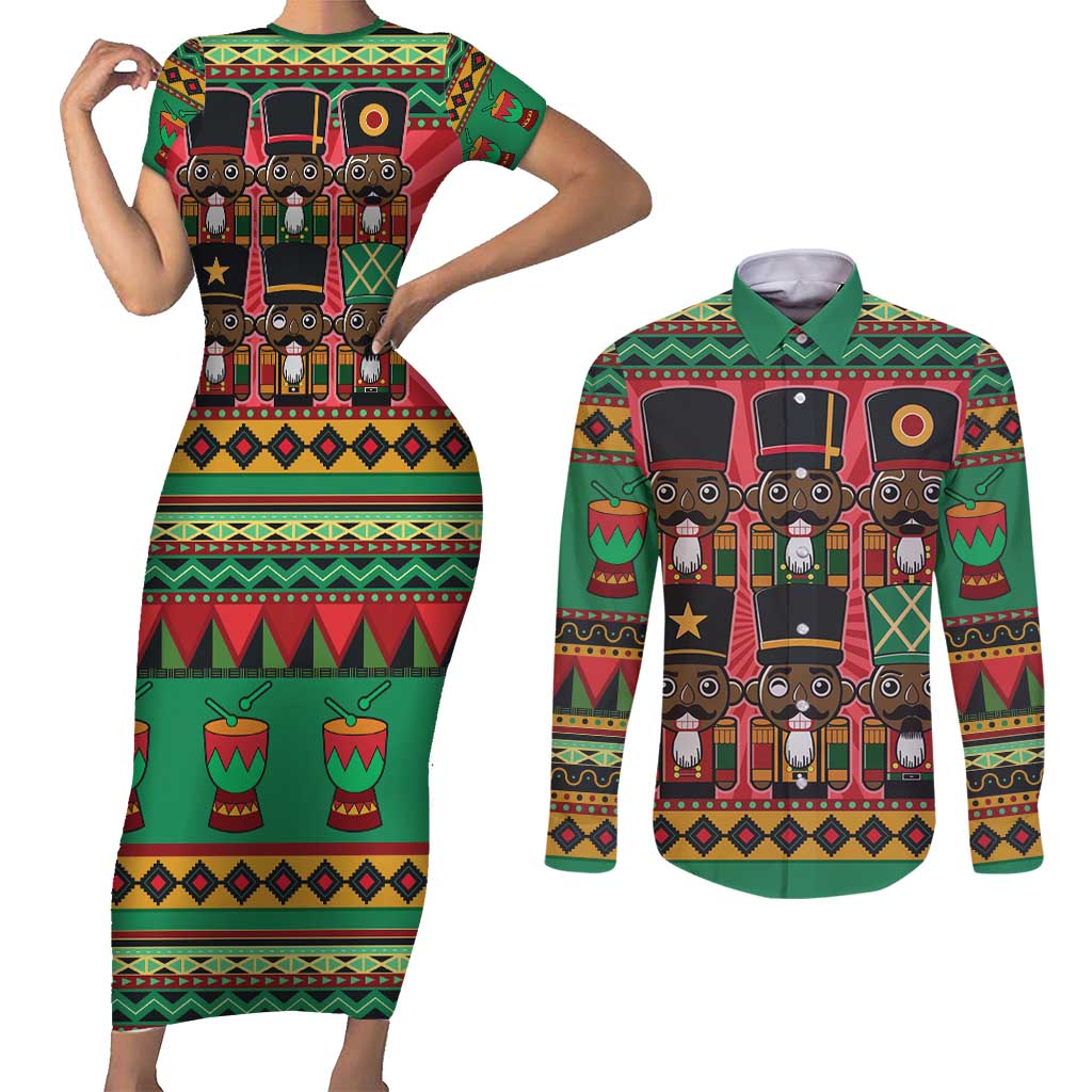 Black Nutcrackers Couples Matching Short Sleeve Bodycon Dress and Long Sleeve Button Shirt Afro Christmas - Wonder Print Shop
