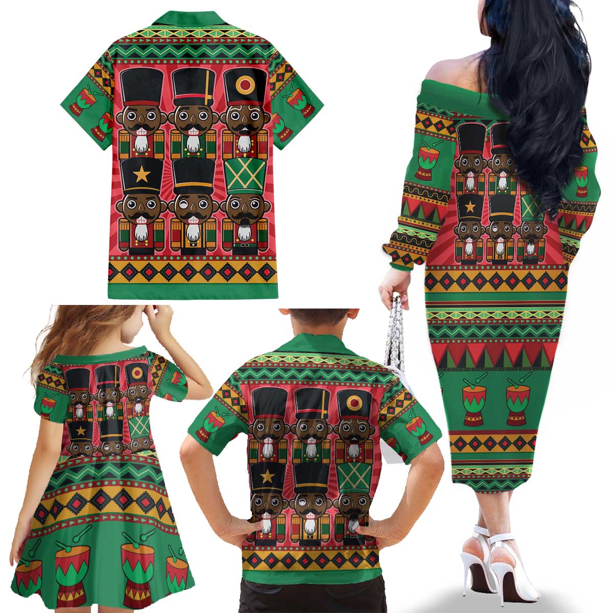 Black Nutcrackers Family Matching Off The Shoulder Long Sleeve Dress and Hawaiian Shirt Afro Christmas - Wonder Print Shop