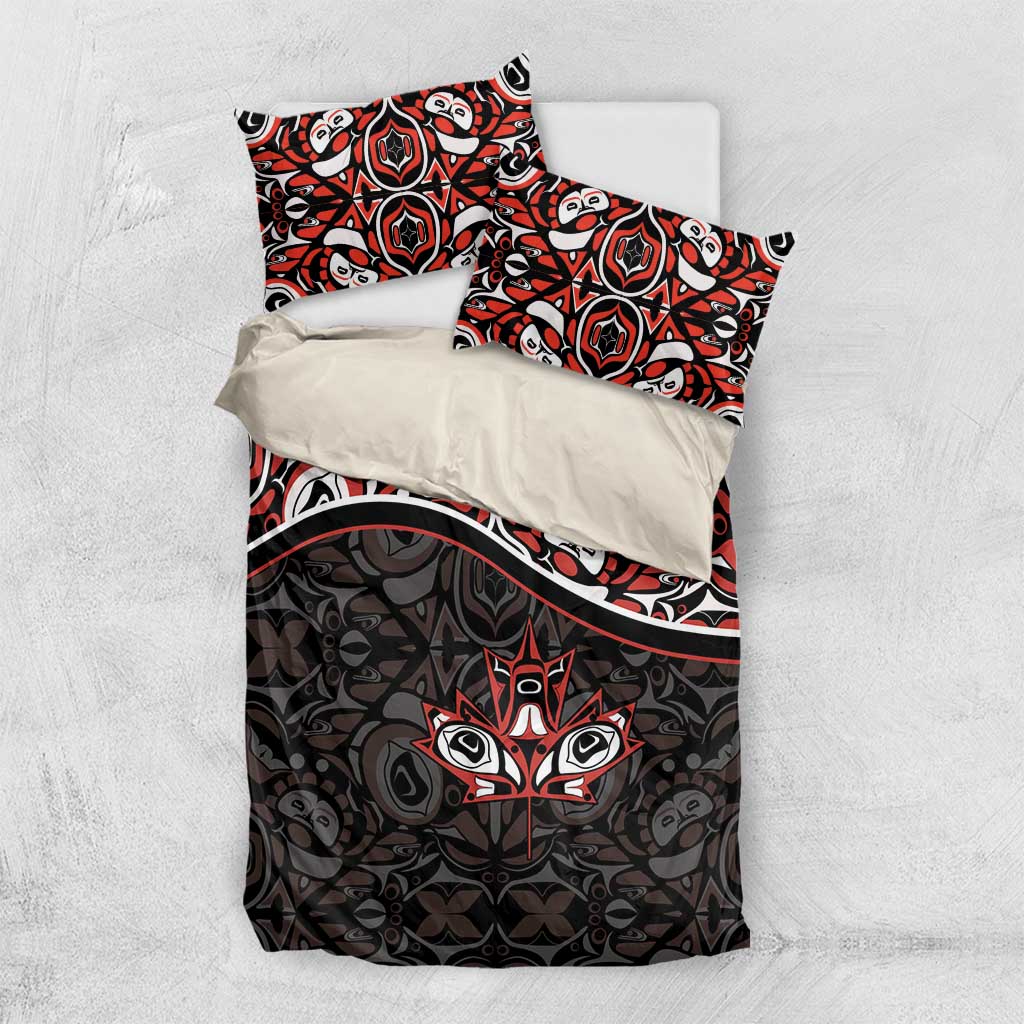Canada Day Bedding Set Haida Maple Leaf Style Tattoo Black