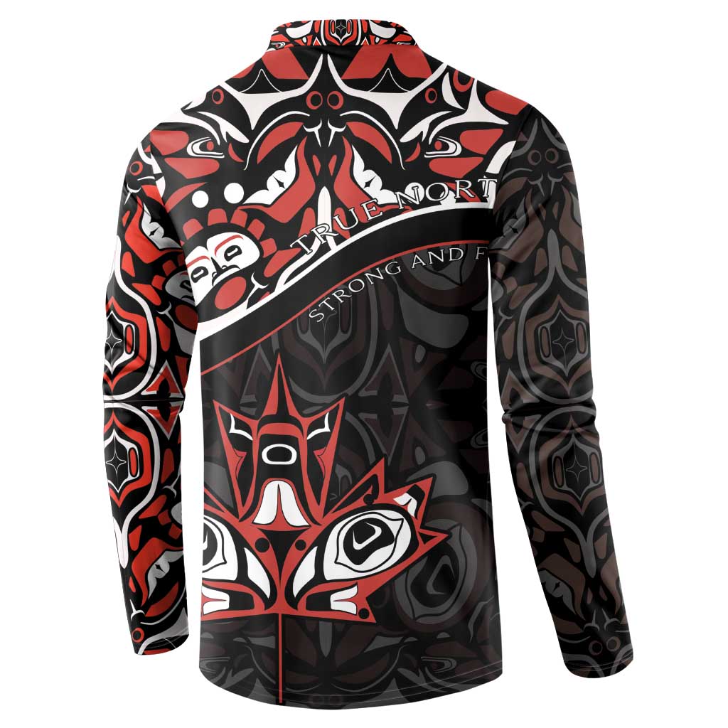 Canada Day Button Sweatshirt Haida Maple Leaf Style Tattoo Black