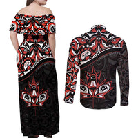Canada Day Couples Matching Off Shoulder Maxi Dress and Long Sleeve Button Shirt Haida Maple Leaf Style Tattoo Black