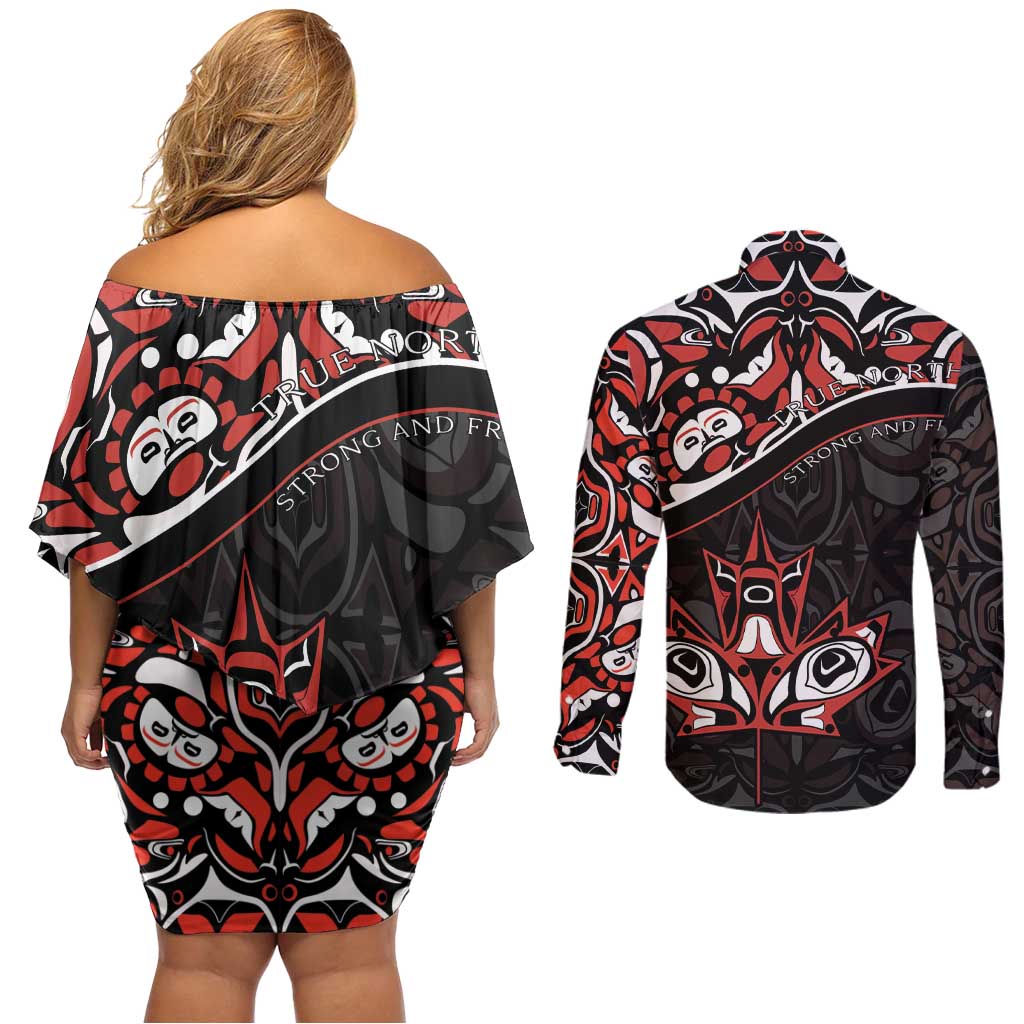 Canada Day Couples Matching Off Shoulder Short Dress and Long Sleeve Button Shirt Haida Maple Leaf Style Tattoo Black
