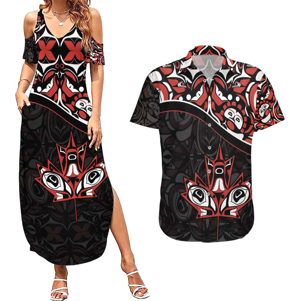 Canada Day Couples Matching Summer Maxi Dress and Hawaiian Shirt Haida Maple Leaf Style Tattoo Black