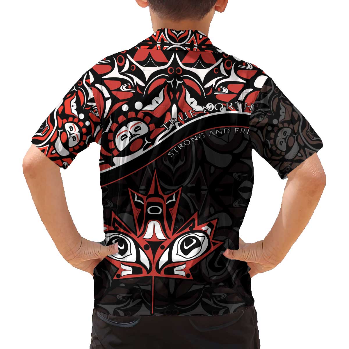 Canada Day Family Matching Off The Shoulder Long Sleeve Dress and Hawaiian Shirt Haida Maple Leaf Style Tattoo Black