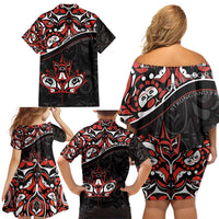 Canada Day Family Matching Off Shoulder Short Dress and Hawaiian Shirt Haida Maple Leaf Style Tattoo Black