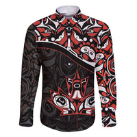 Canada Day Family Matching Short Sleeve Bodycon Dress and Hawaiian Shirt Haida Maple Leaf Style Tattoo Black