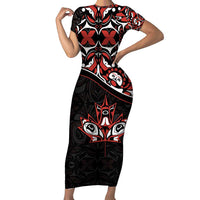 Canada Day Family Matching Short Sleeve Bodycon Dress and Hawaiian Shirt Haida Maple Leaf Style Tattoo Black