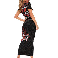 Canada Day Family Matching Short Sleeve Bodycon Dress and Hawaiian Shirt Haida Maple Leaf Style Tattoo Black