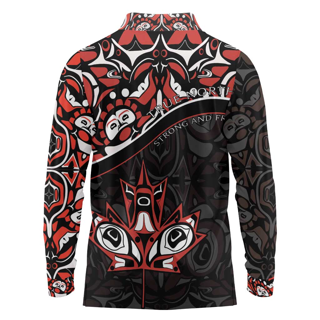 Canada Day Long Sleeve Polo Shirt Haida Maple Leaf Style Tattoo Black - Wonder Print Shop